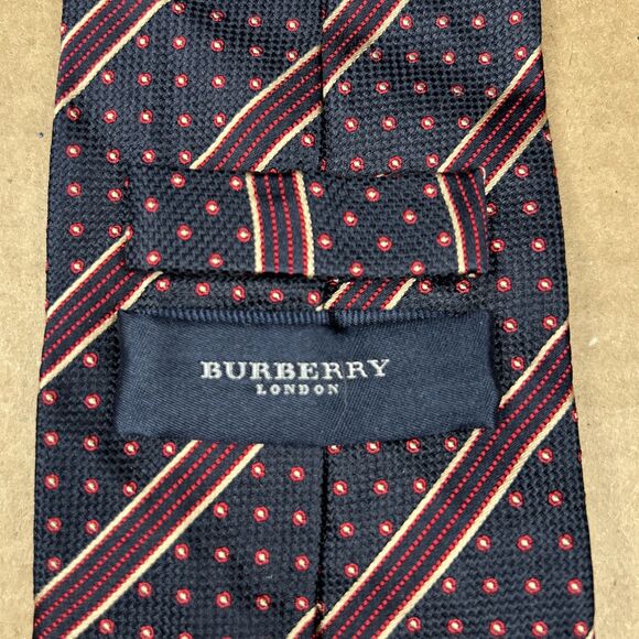 Burberry London Tie 59” X 3.5” Silk Navy Blue Stripes Dots Made In Italy - Picture 3 of 6